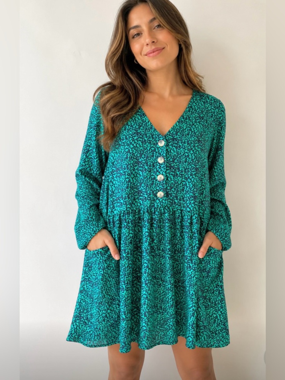 WOMANCE Green and Navy Oversized Floral V-Neck Long Sleeve Dress with Buttons